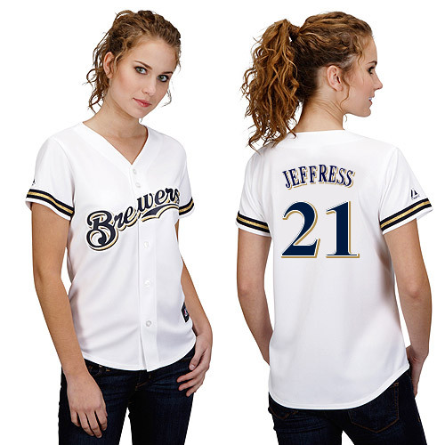 Jeremy Jeffress #21 mlb Jersey-Milwaukee Brewers Women's Authentic Home White Cool Base Baseball Jersey